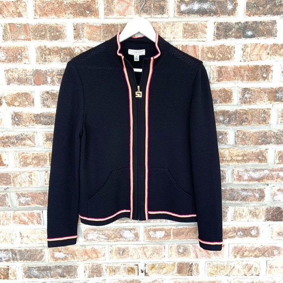 St John Sport Size M Black & Multi Wool Blend Stripe Detail Zip Up Logo